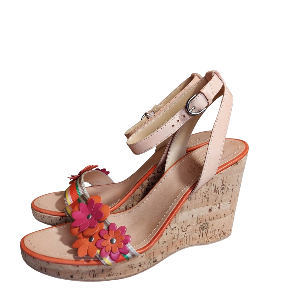 Coach Morgan Floral Cork Wedge Sandals Boho Resort Stripe Leather NEW - Picture 3 of 9